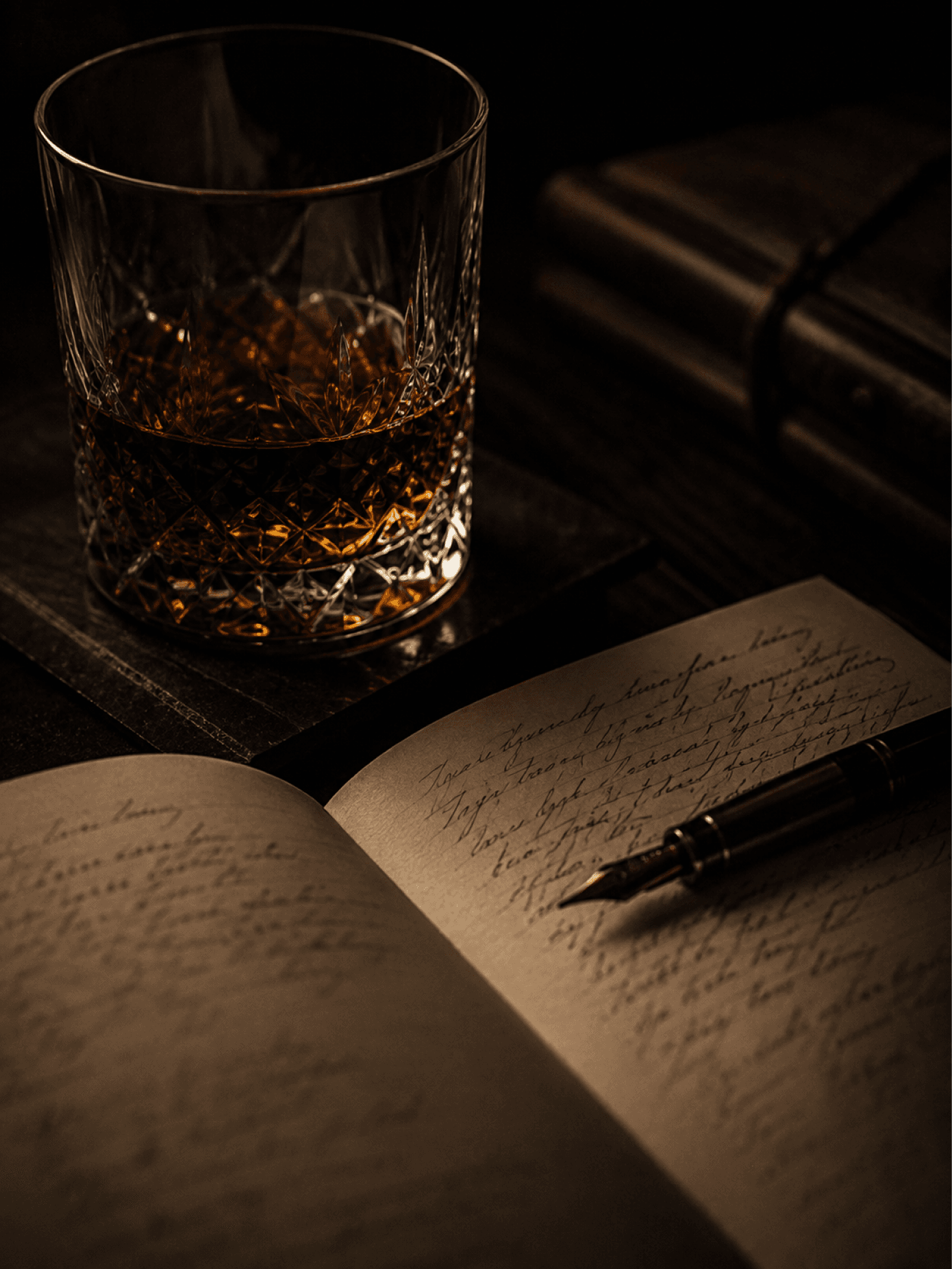 A poured measure of bourbon beside an open notebook and pen