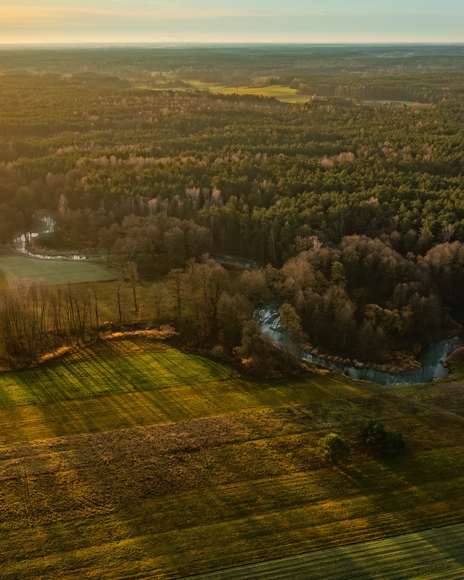 A river valley in low autumn light, seen from the air