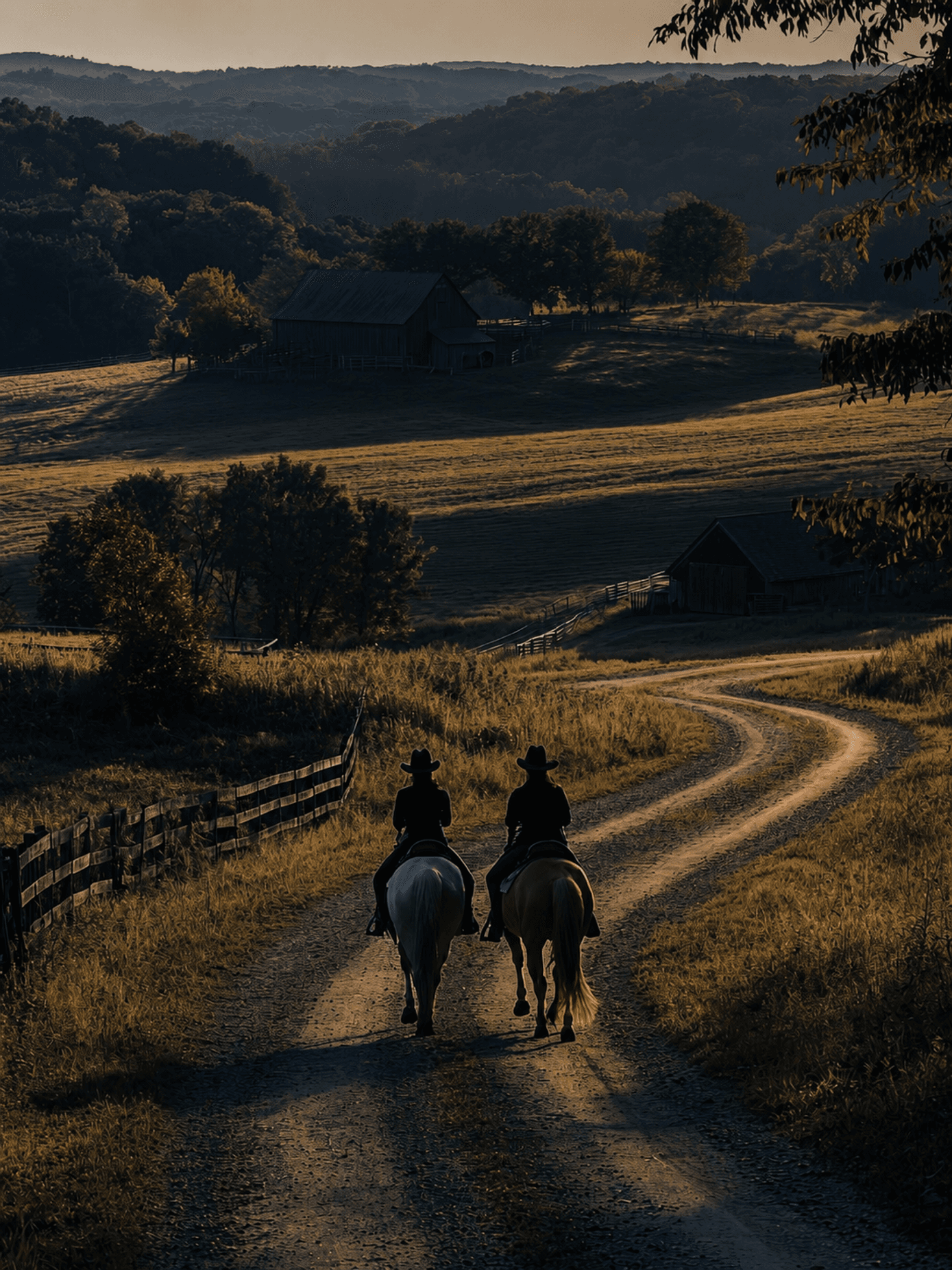 Two riders on a track winding through Kentucky farmland at dusk