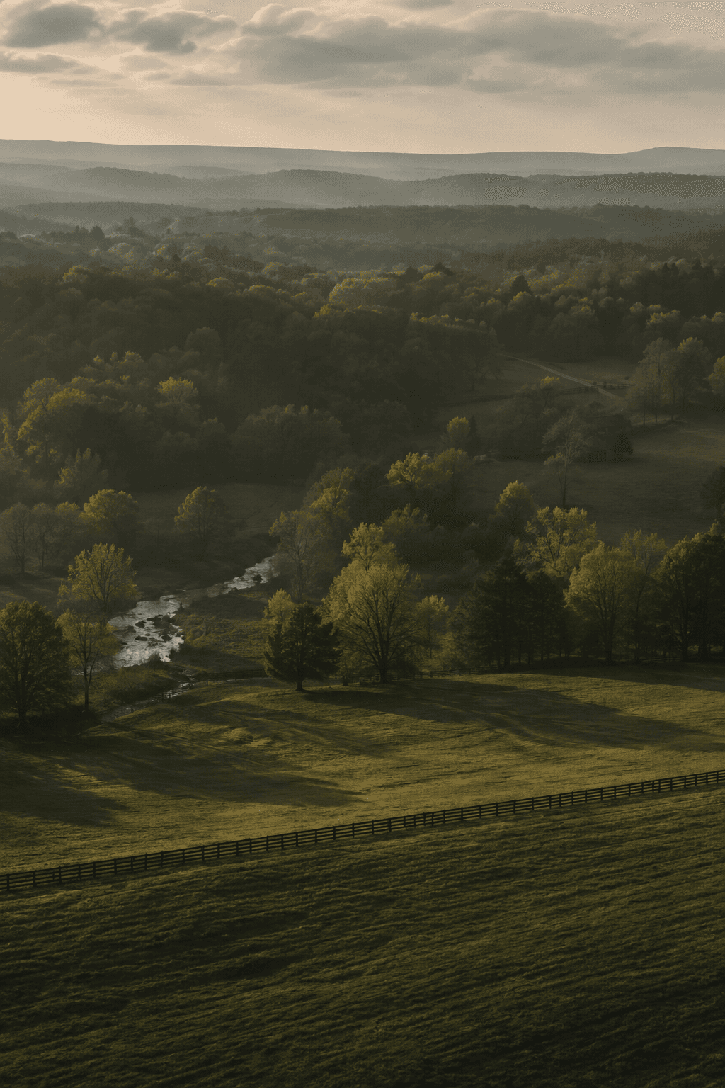 Sunlit Kentucky pasture falling away to a creek and wooded ridges