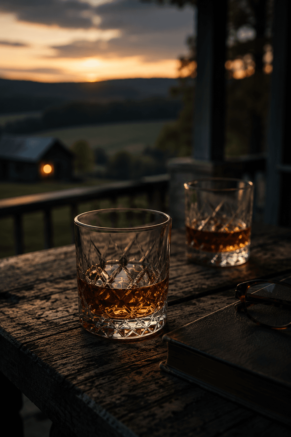 A bottle of Conteur Élan on a table, glasses caught in low evening light